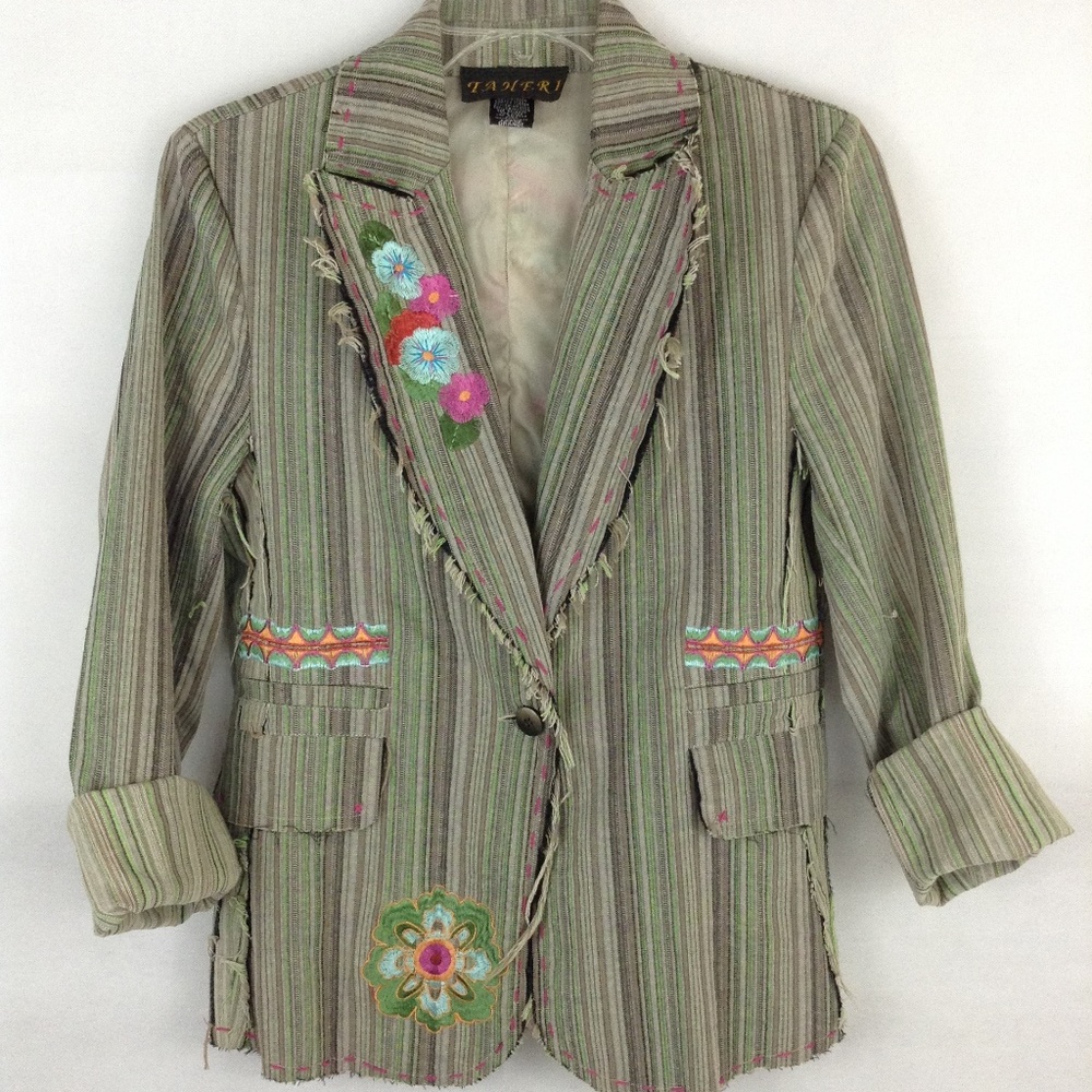 Taheri Boho Gypsy Raw Edge Embroidered Blazer